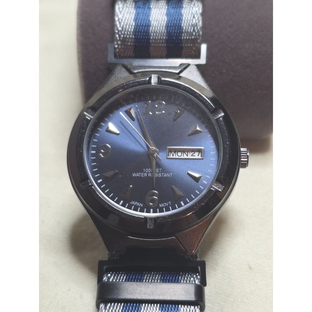 FMD Gunmetal Blue Sunburst Dial Day Date Mens Watch Blue Striped NATO Strap